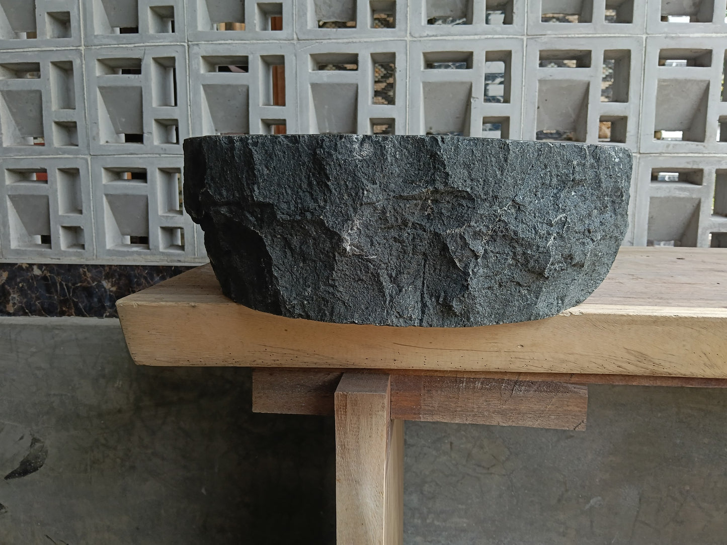 Left side of 6A22-5043 oval andesite stone sink
