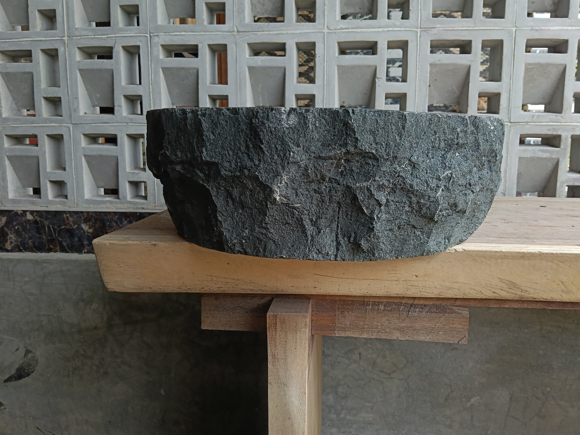 Left side of 6A22-5043 oval andesite stone sink
