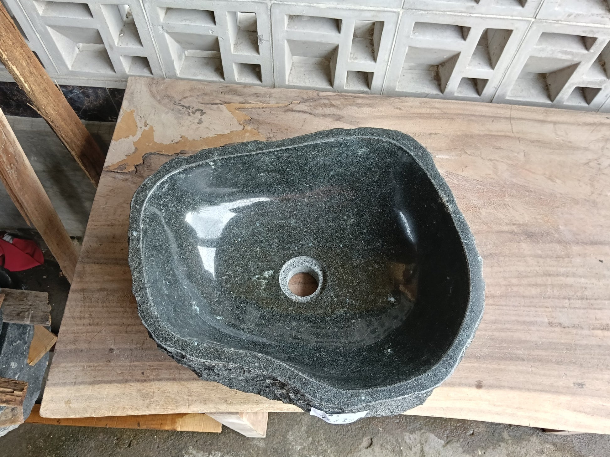 Top view of 60A3-4237 dark gray andesite stone sink — handcrafted natural stone

