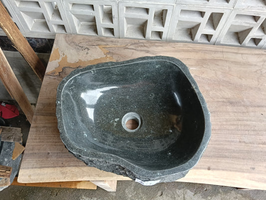 Top view of 60A3-4237 dark gray andesite stone sink — handcrafted natural stone
