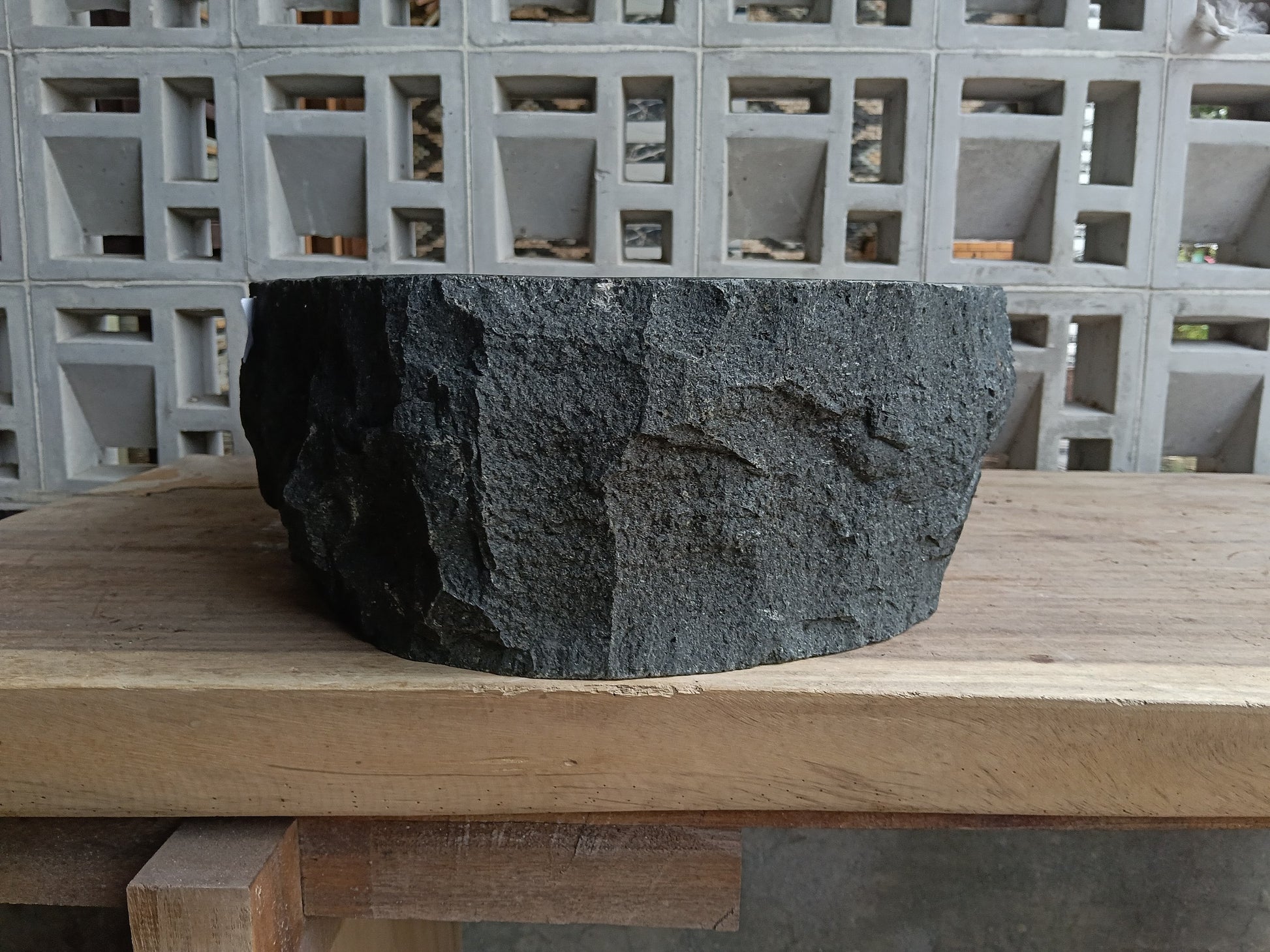 Left side of 6A24-5140 oval andesite stone sink
