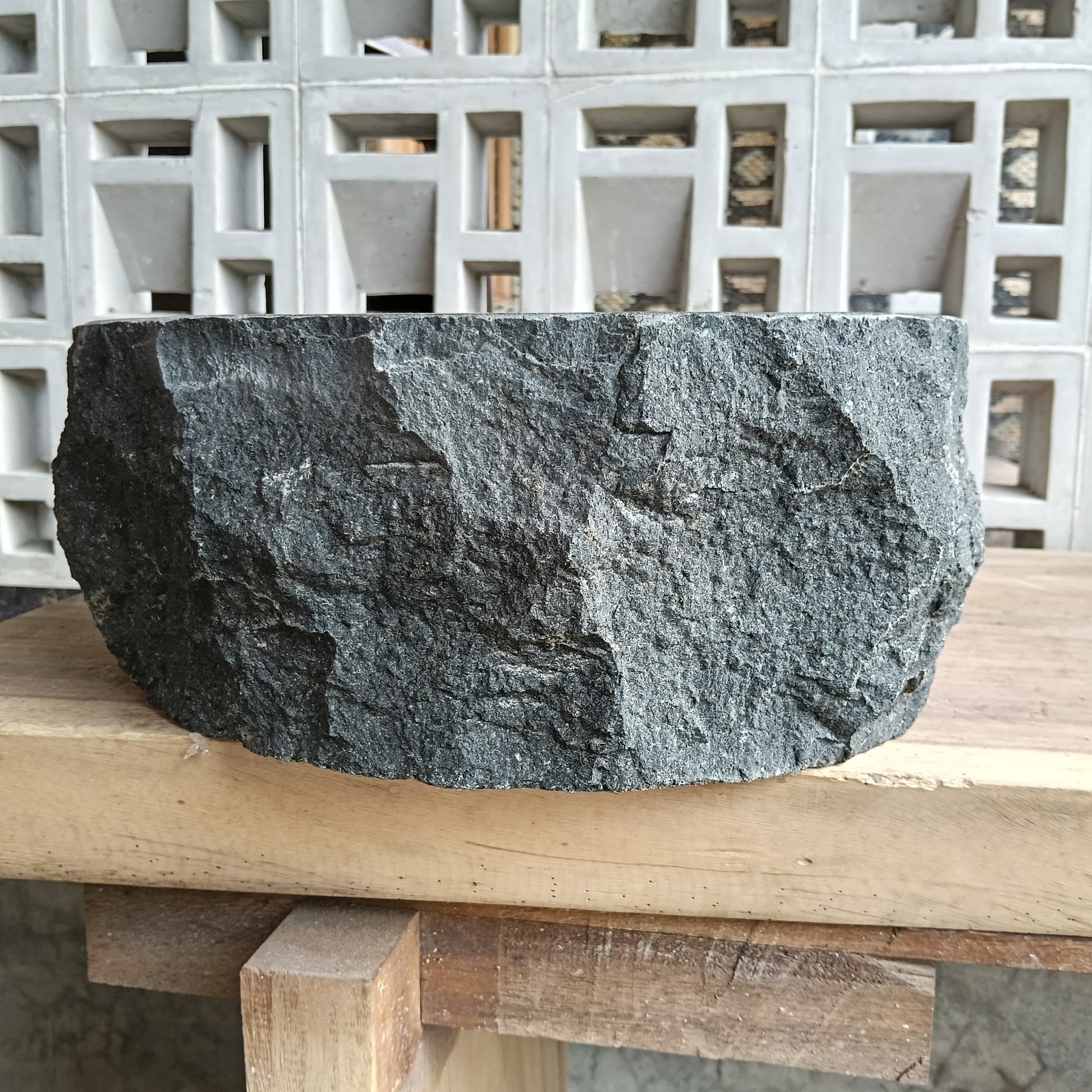 Right side of 6A29-4235 handcrafted andesite vessel — natural graphite texture
