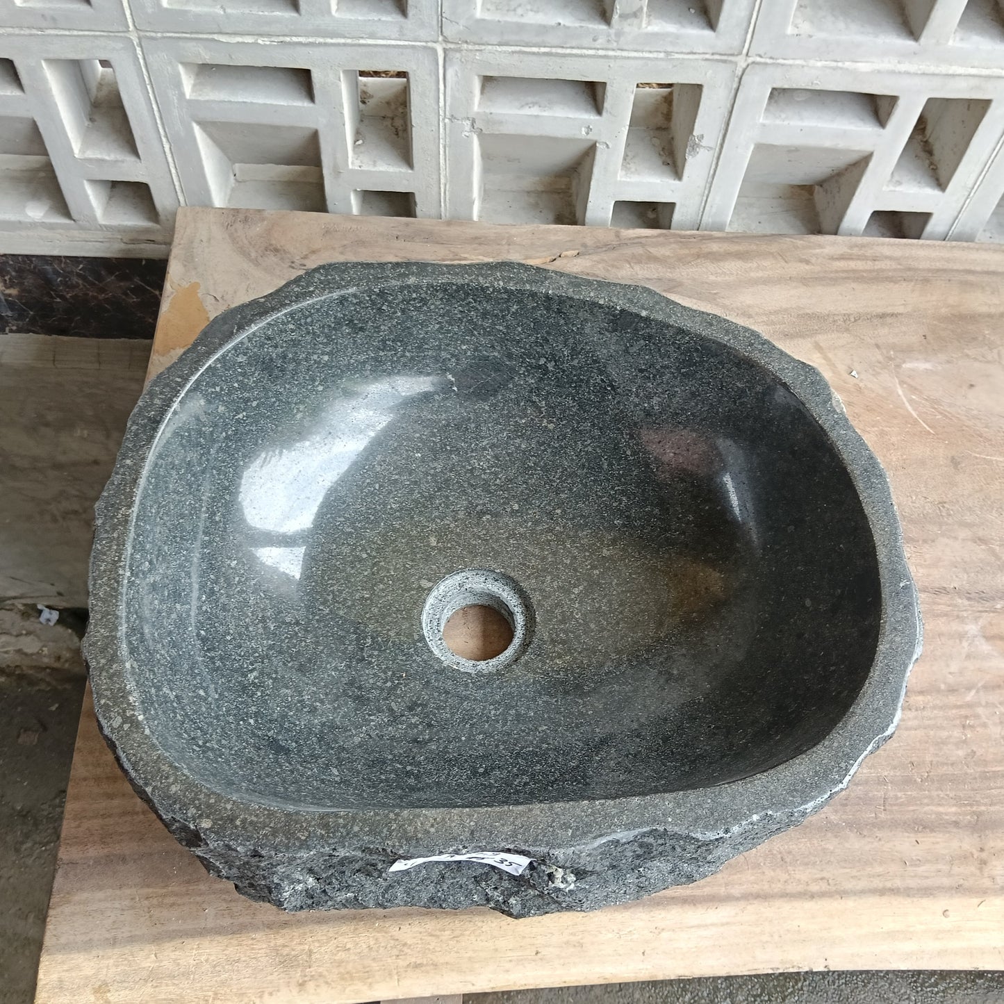 Top view of 6A29-4235 graphite andesite stone sink — handcrafted natural stone
