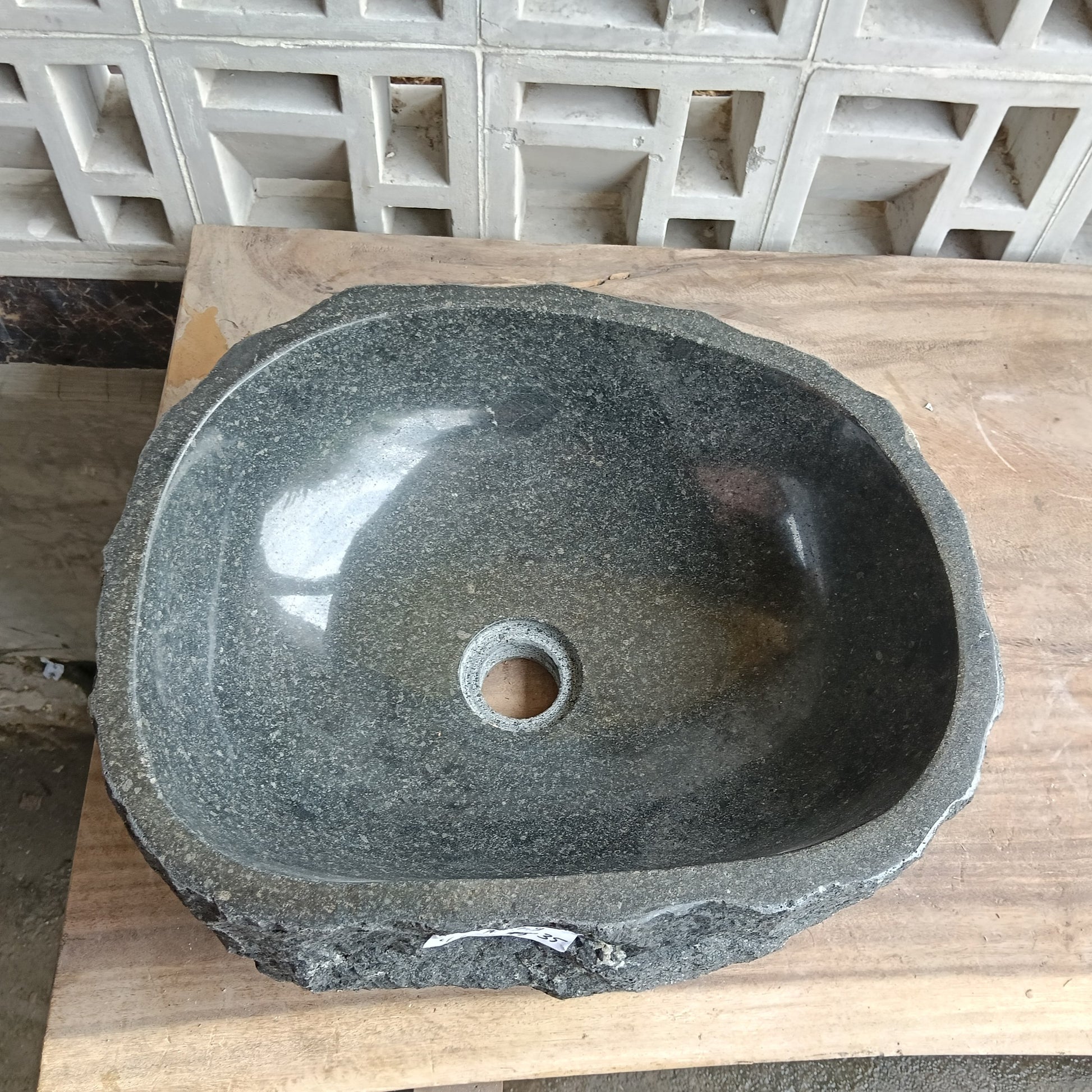 Top view of 6A29-4235 graphite andesite stone sink — handcrafted natural stone
