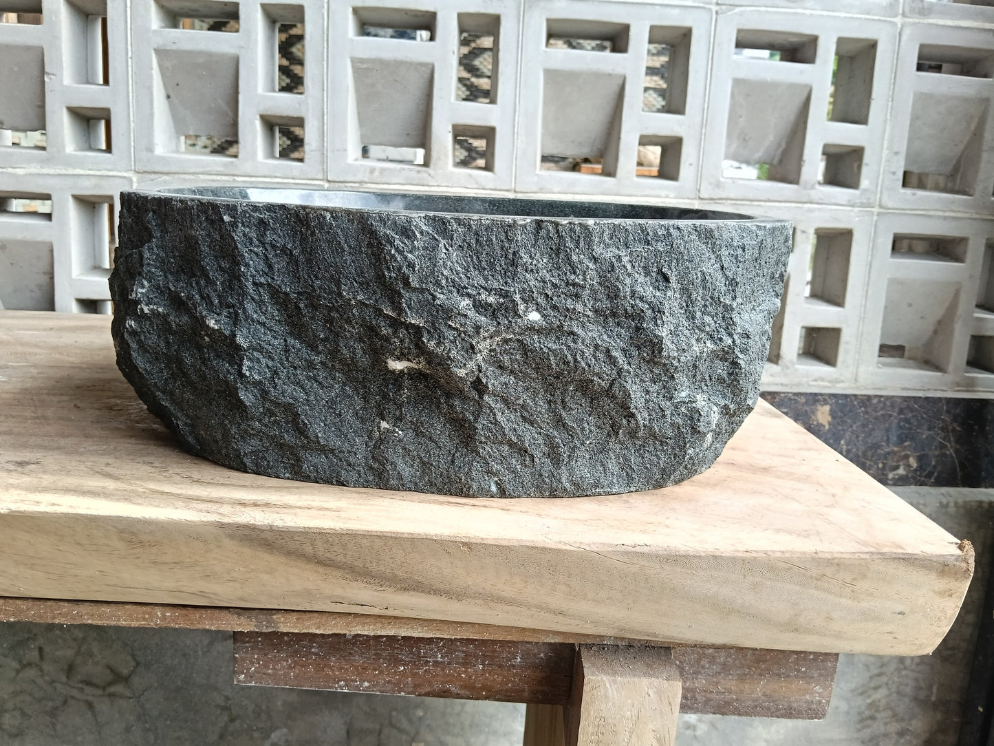 Right side of 6A30-4135 handcrafted andesite vessel — natural graphite texture
