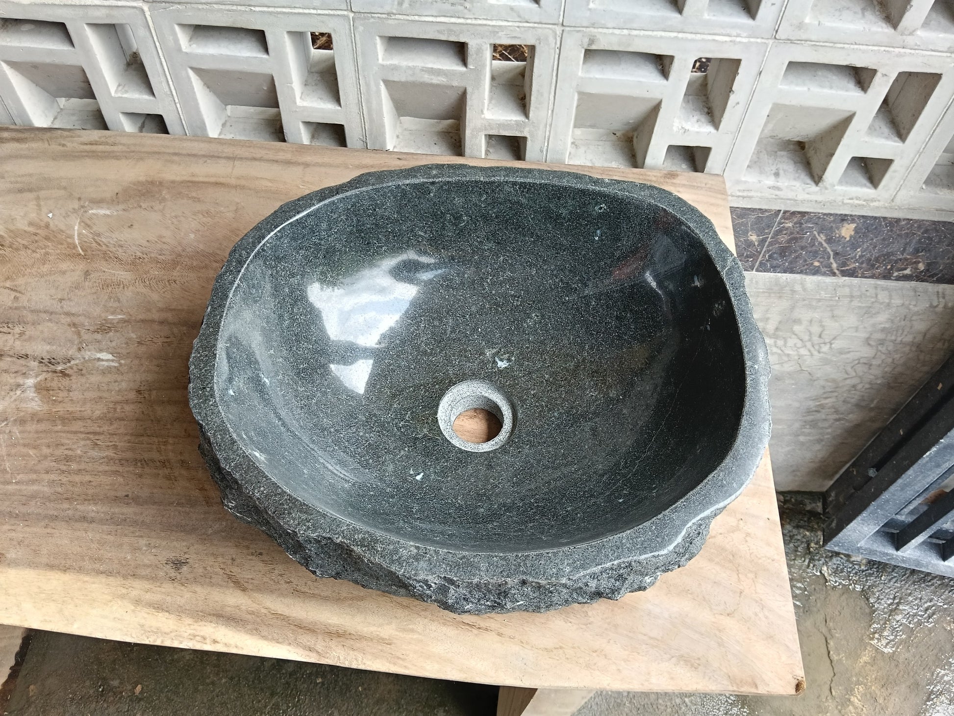 Top view of 6A30-4135 graphite andesite stone sink — handcrafted natural stone
