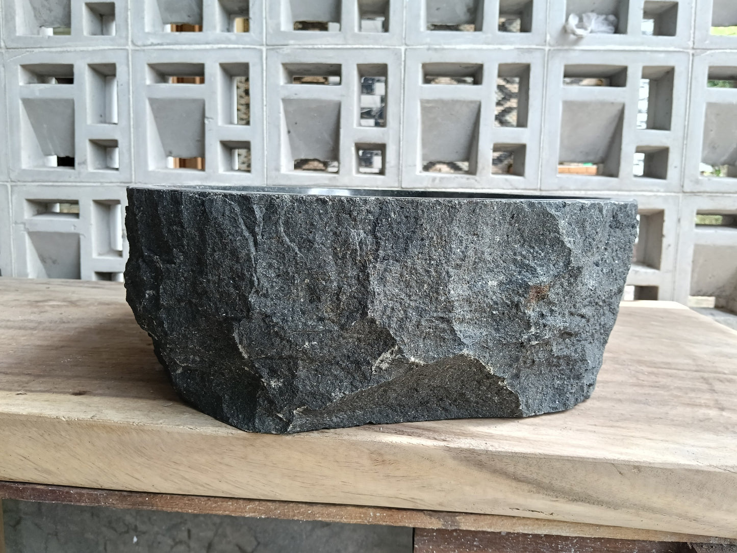 Left side of 6A32-5141 organic oval andesite stone sink
