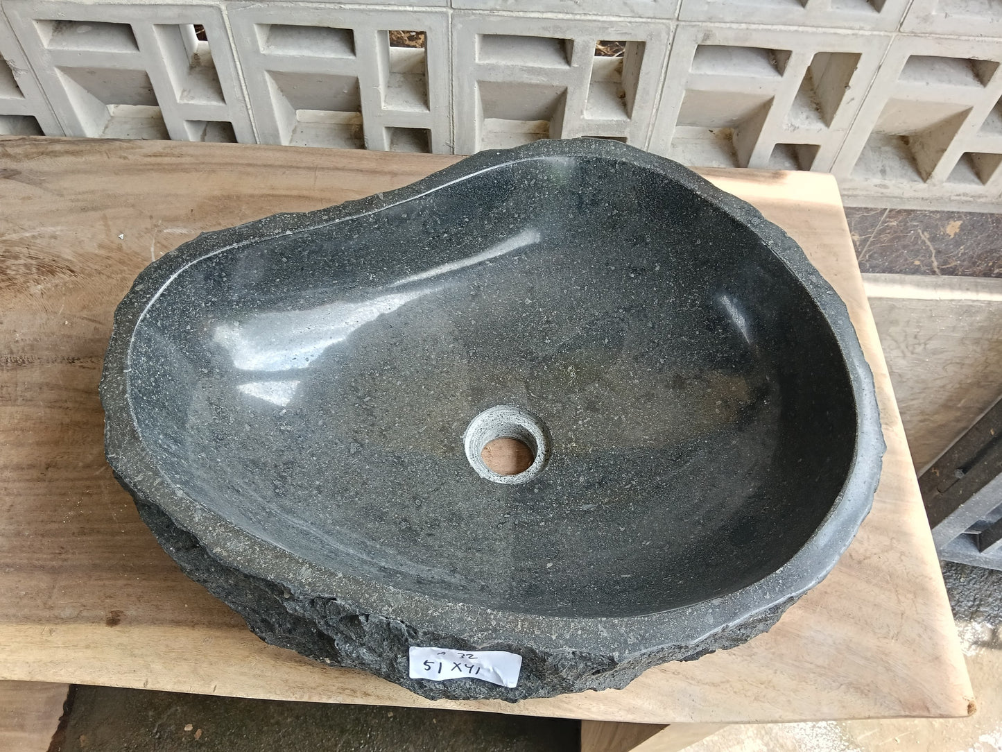 Top view of 6A32-5141 graphite andesite stone sink — handcrafted natural stone
