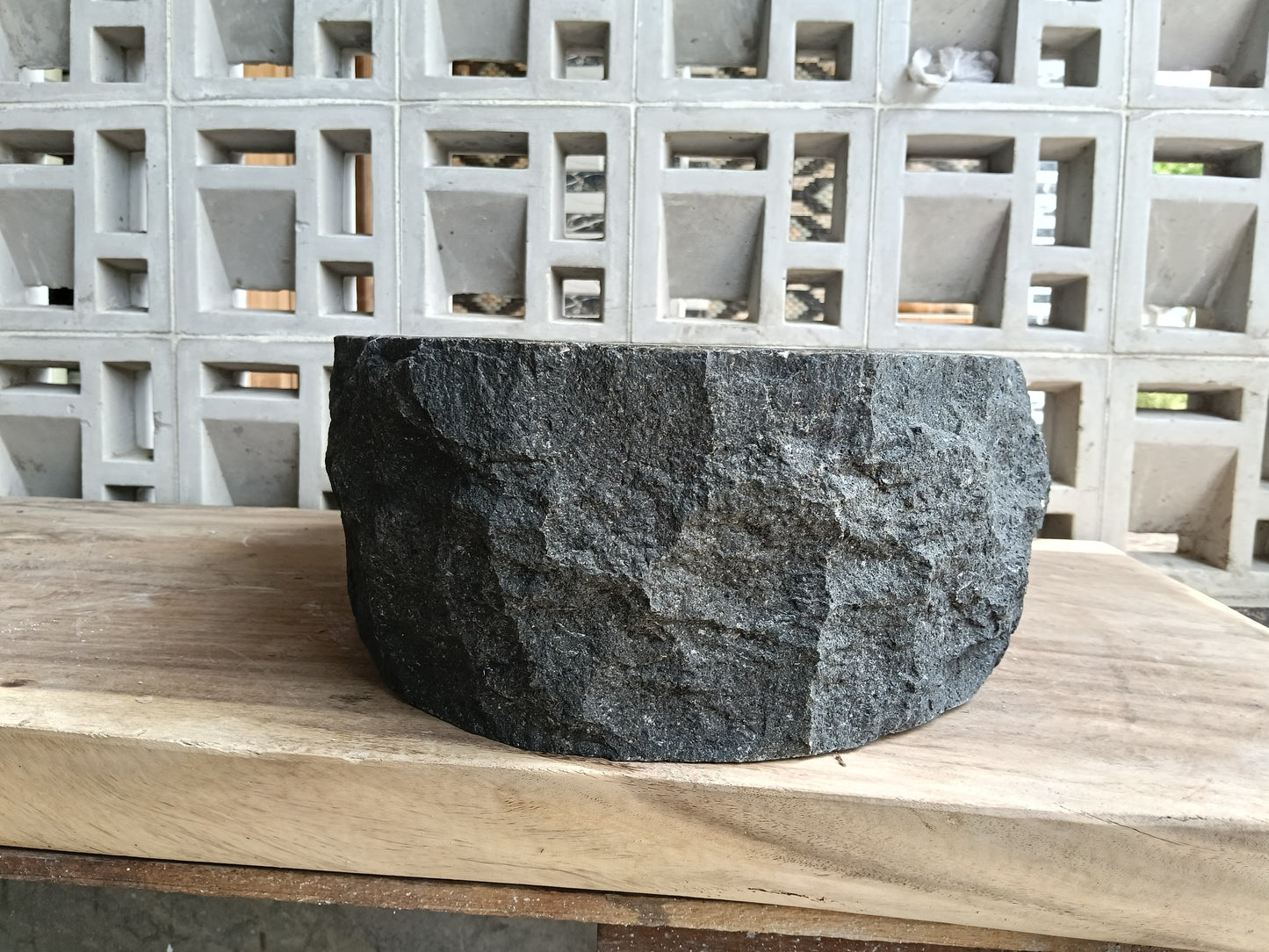 Right side of 6A32-5141 handcrafted andesite vessel — natural graphite texture
