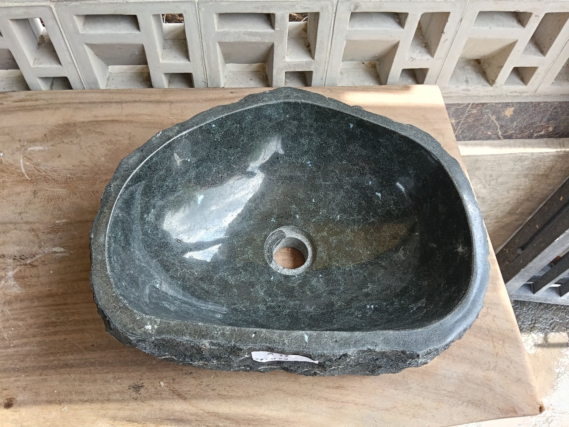 Top view of 6A33-4133 graphite andesite stone sink — handcrafted natural stone
