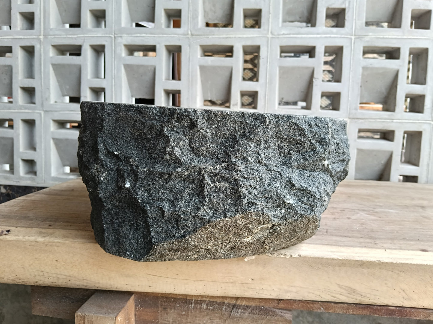 Right side of 6A33-4133 handcrafted andesite vessel — natural graphite texture
