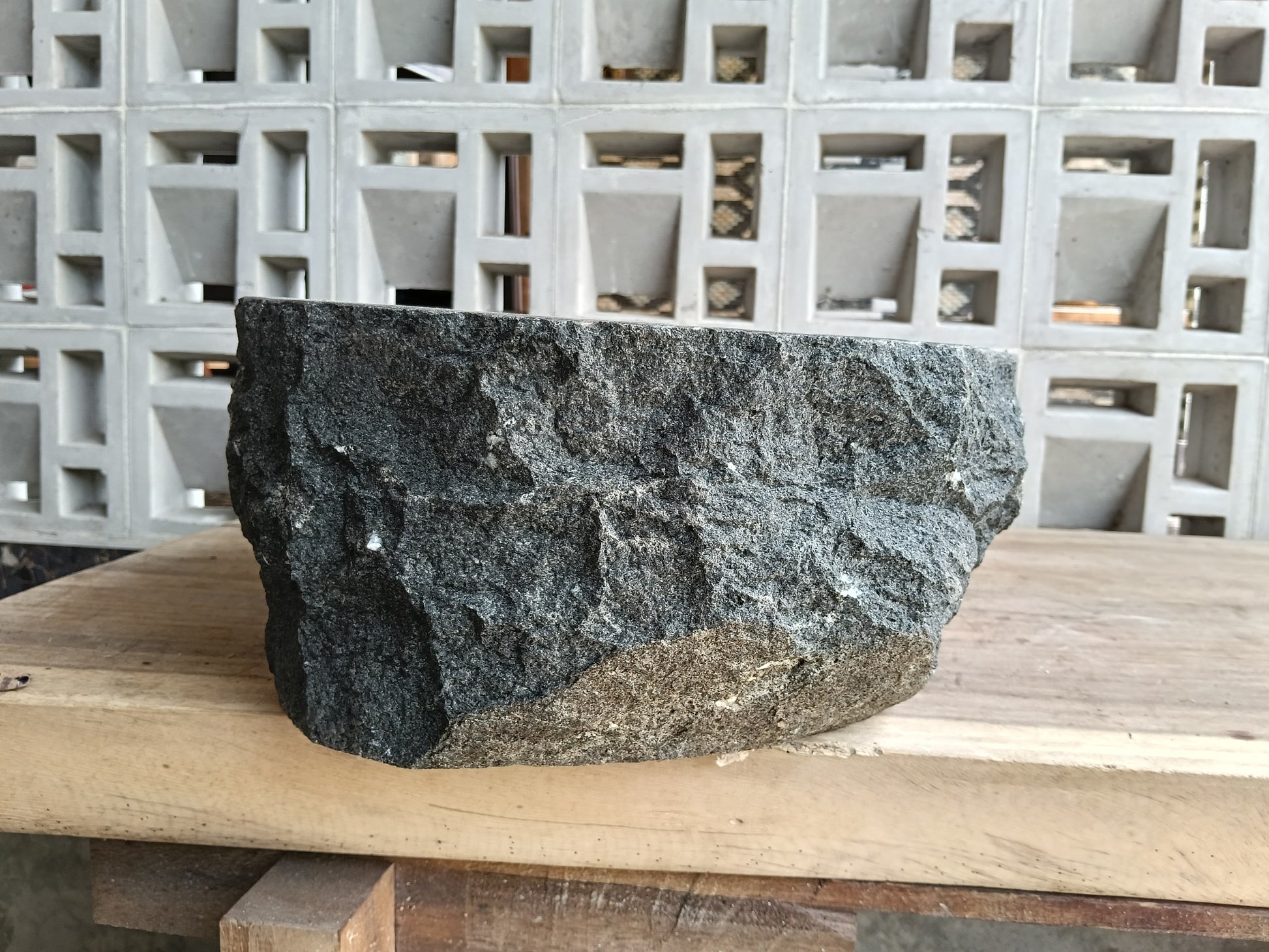 Right side of 6A33-4133 handcrafted andesite vessel — natural graphite texture
