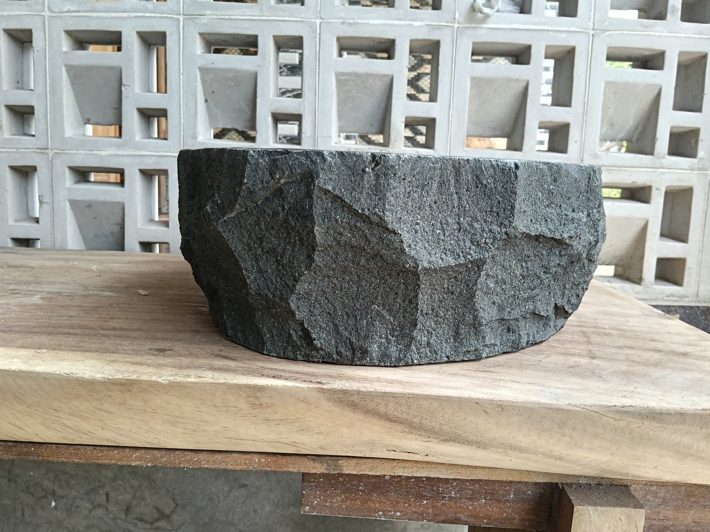Left side of 6A34-5142 organic rectangular andesite stone sink
