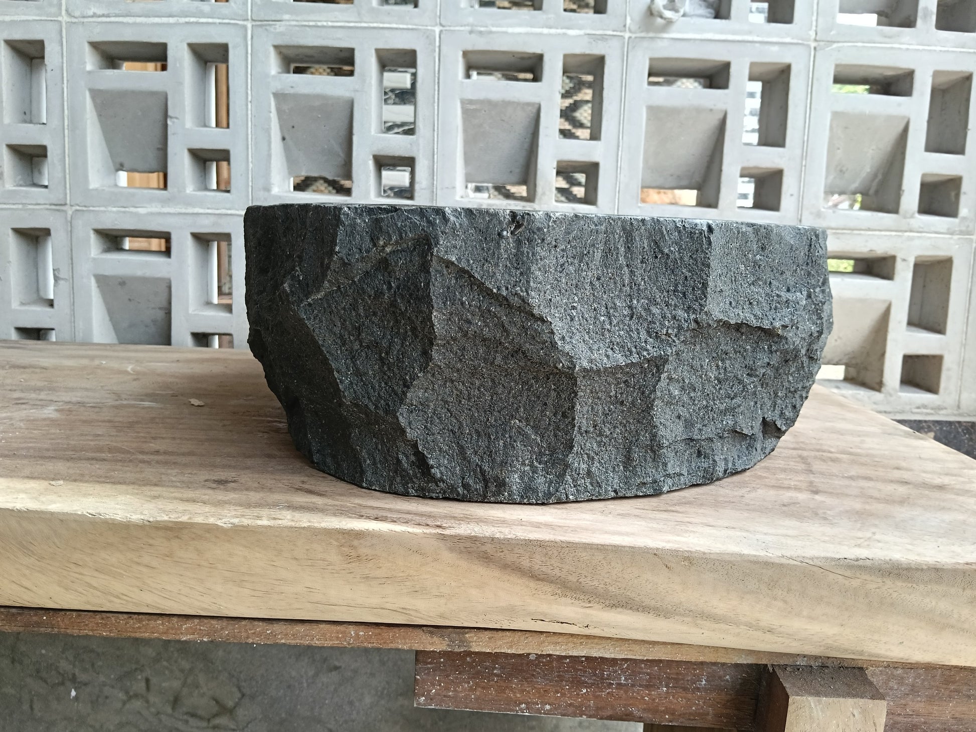 Left side of 6A34-5142 organic rectangular andesite stone sink
