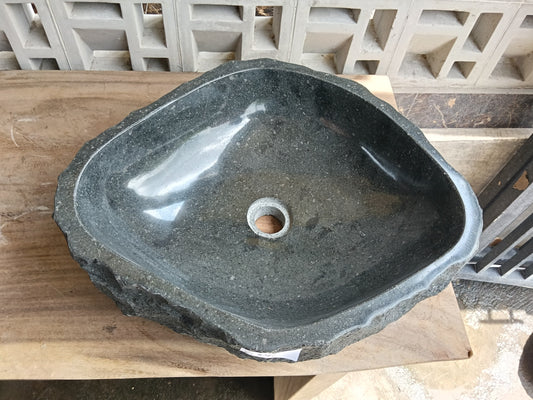 Top view of 6A34-5142 graphite andesite stone sink — handcrafted natural stone
