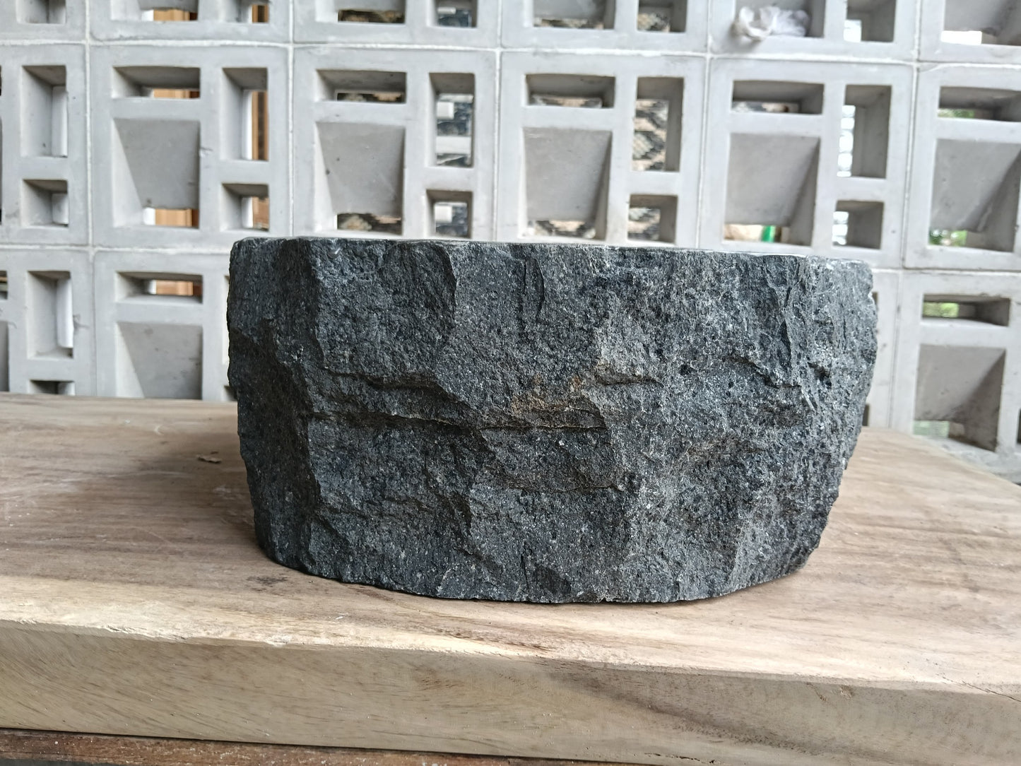 Right side of 6A36-3935 handcrafted andesite vessel — natural graphite texture
