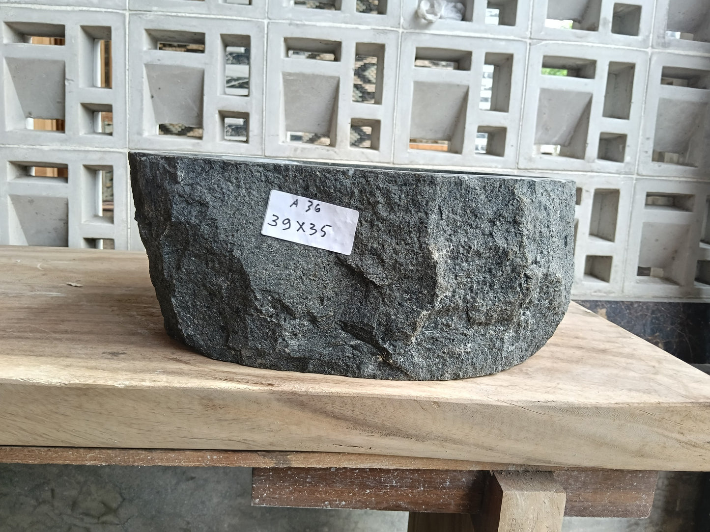 Front view of 6A36-3935 andesite stone vessel — polished interior bowl
