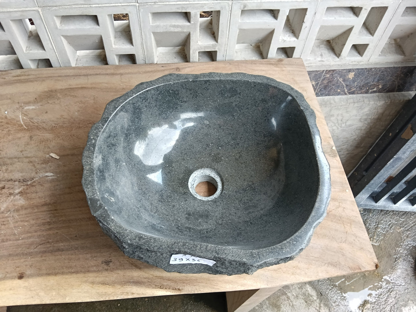 Top view of 6A36-3935 graphite andesite stone sink — handcrafted natural stone
