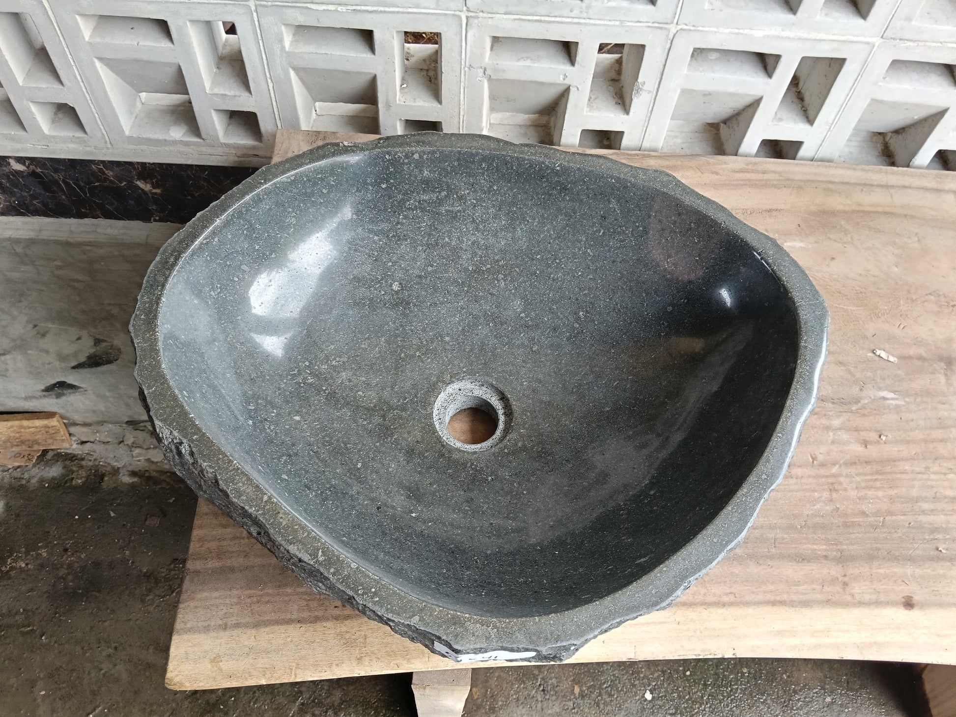 Top view of 6A37-5141 graphite andesite stone sink — handcrafted natural stone
