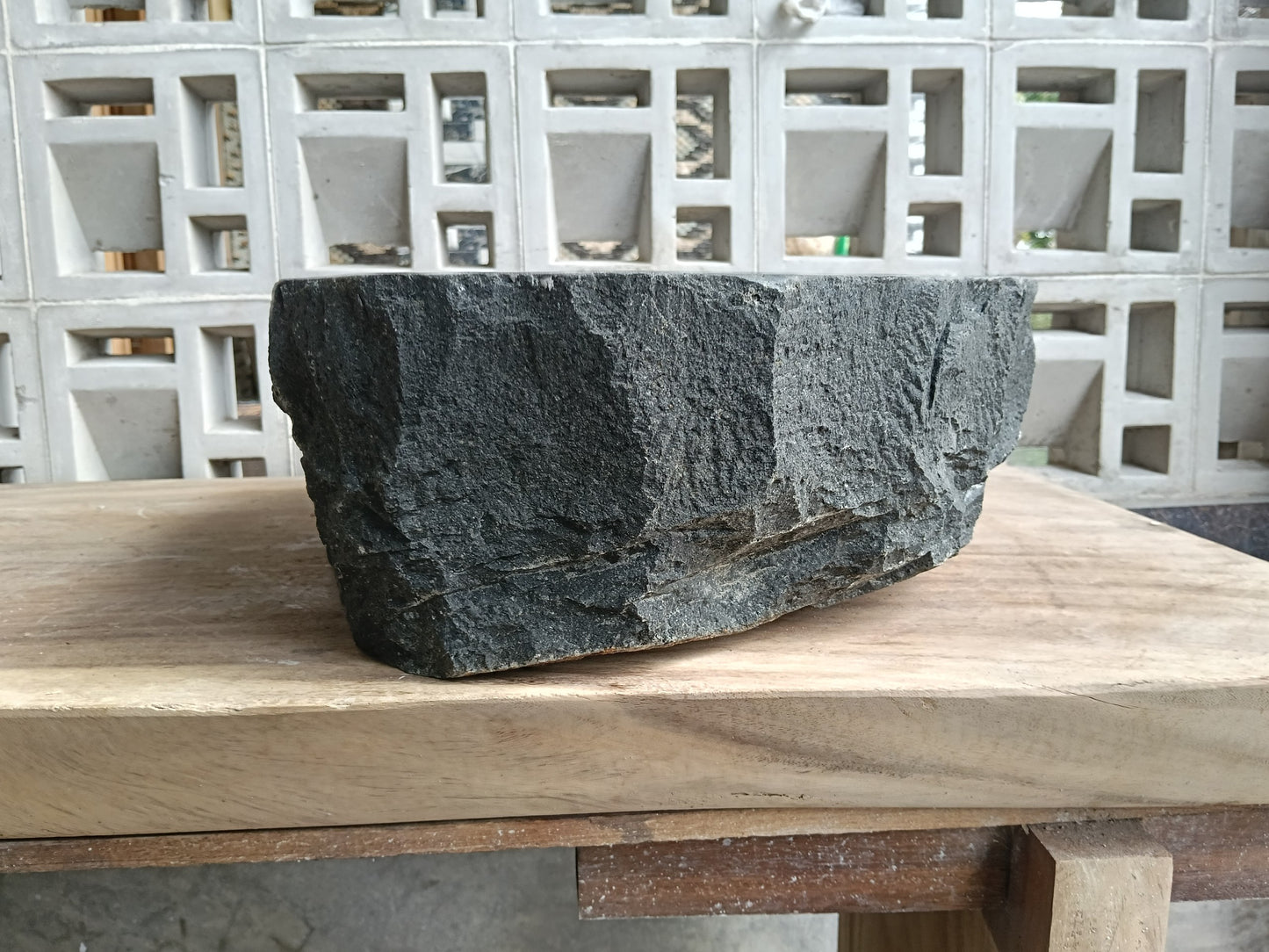 Left side of 6A39-4838 organic rectangular andesite stone sink
