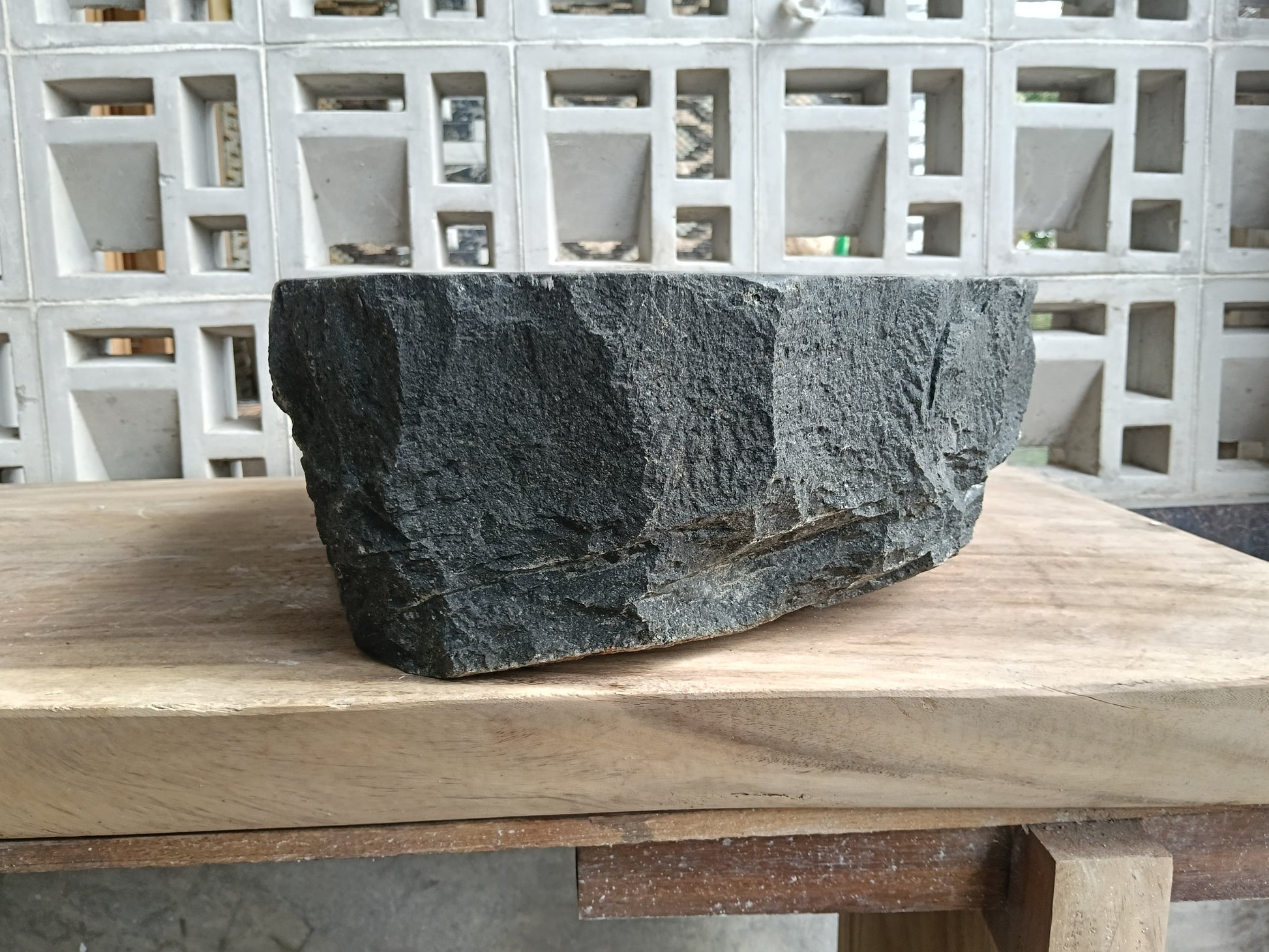 Left side of 6A39-4838 organic rectangular andesite stone sink
