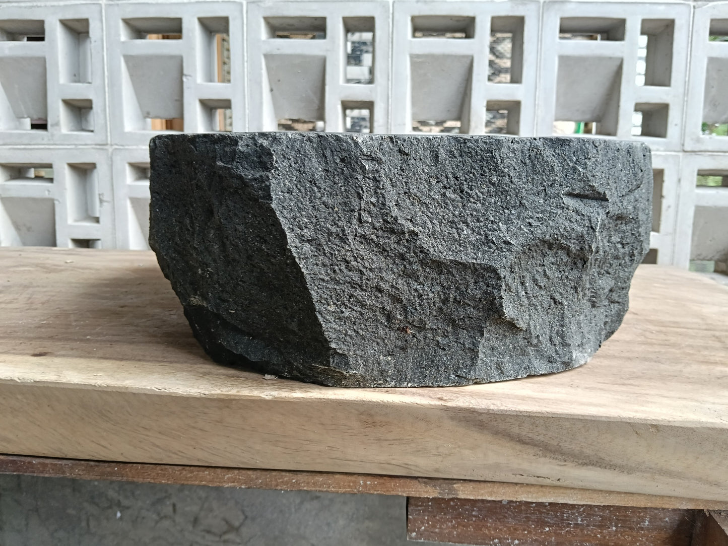 Right side of 6A39-4838 handcrafted andesite vessel — natural graphite texture
