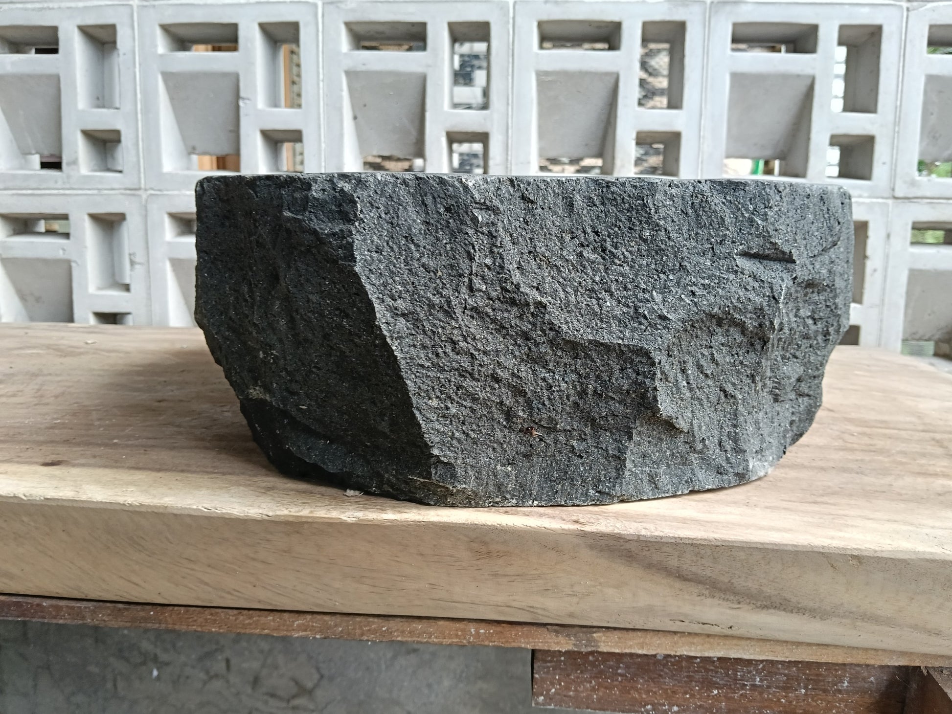 Right side of 6A39-4838 handcrafted andesite vessel — natural graphite texture
