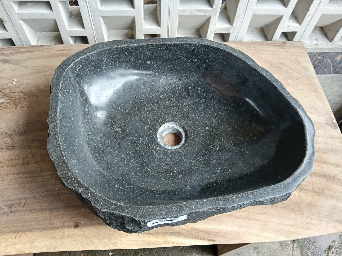 Top view of 6A39-4838 graphite andesite stone sink — handcrafted natural stone
