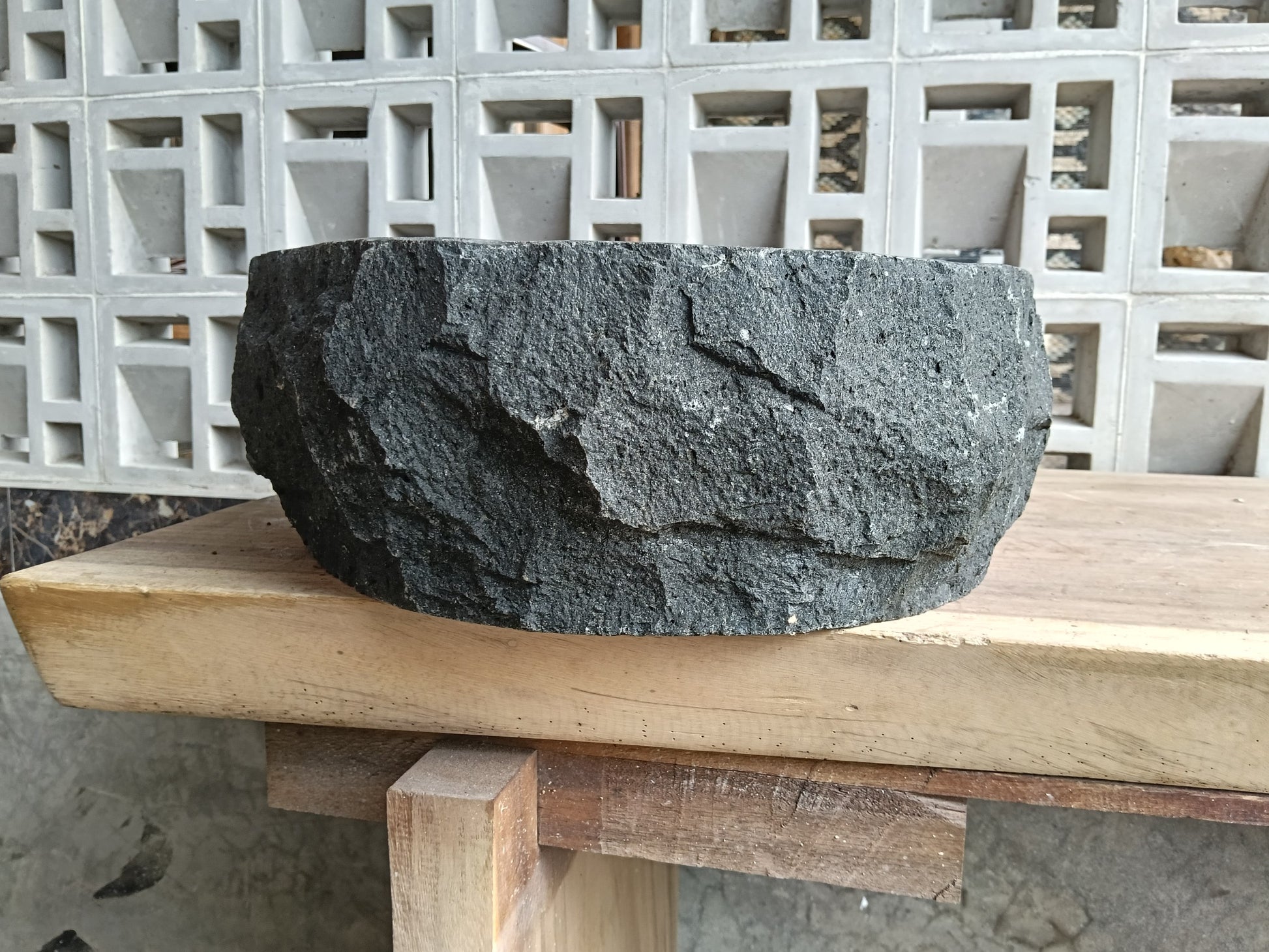 Right side of 6A40-5039 handcrafted andesite vessel — natural graphite texture
