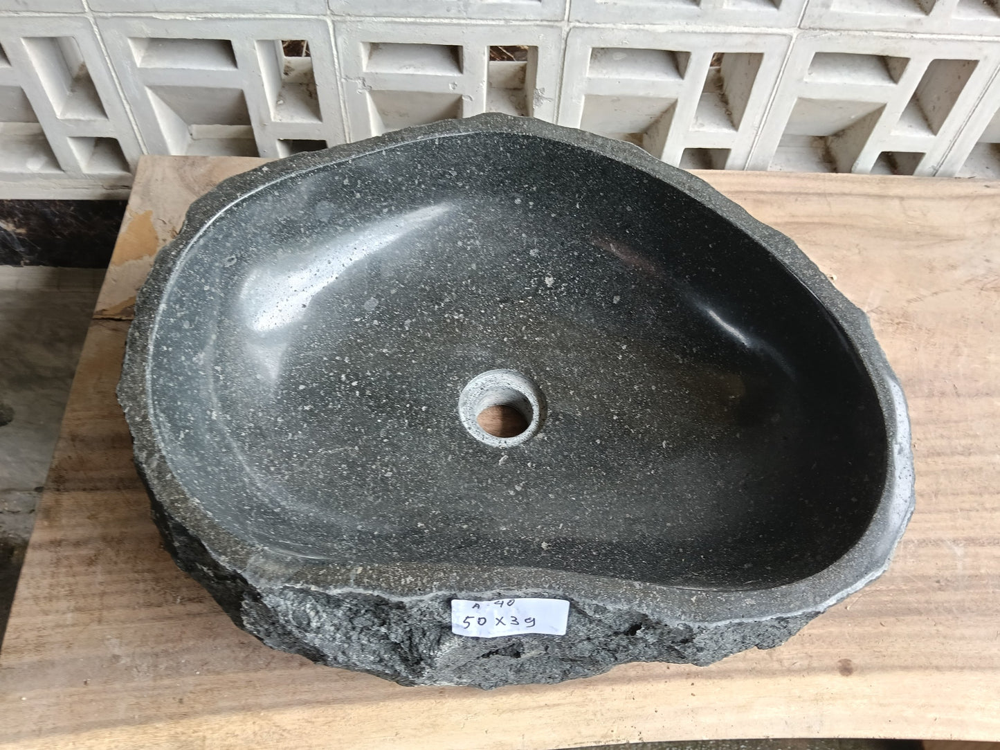 Top view of 6A40-5039 graphite andesite stone sink — handcrafted natural stone
