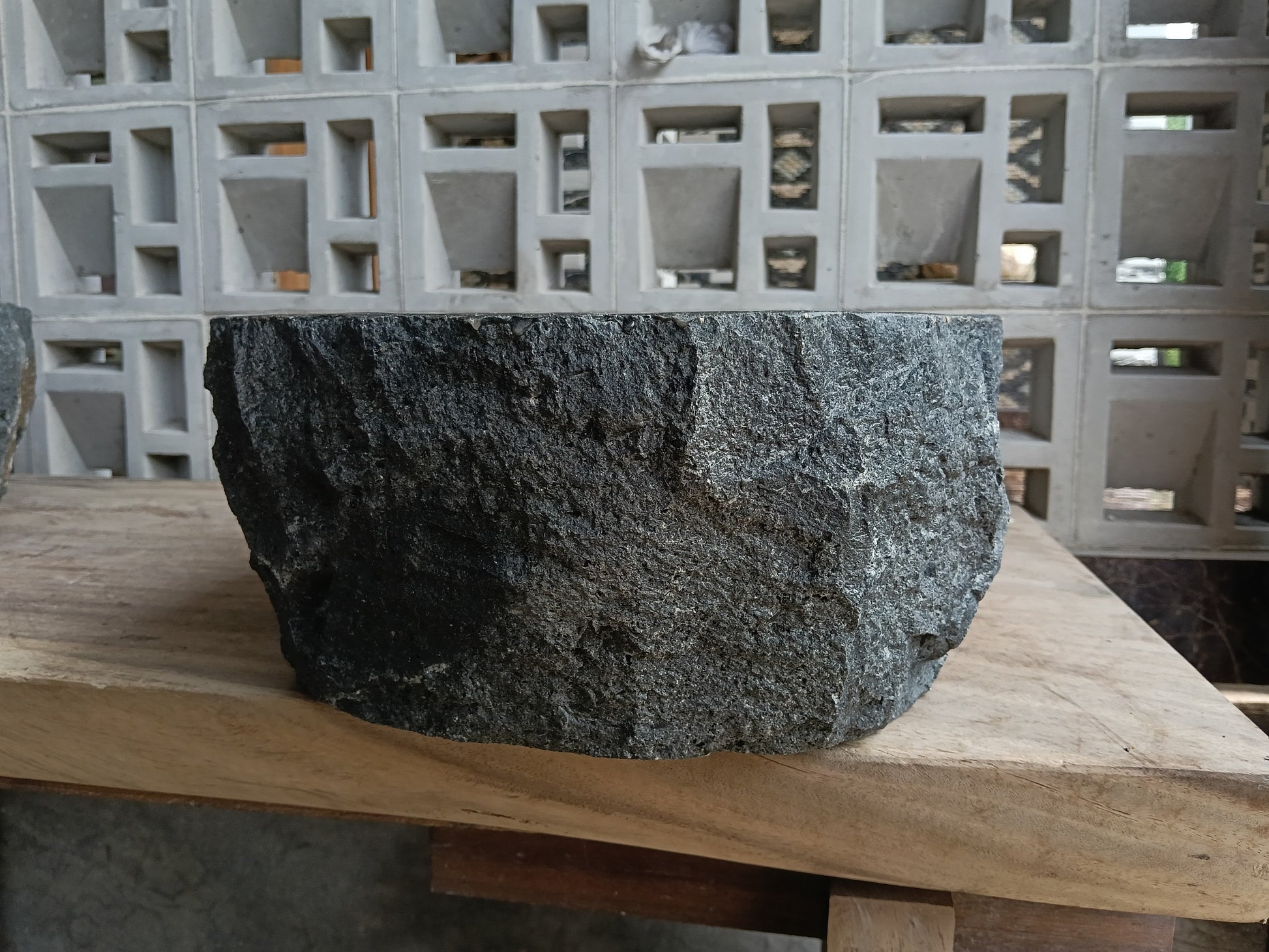 Right side of 6A25-4033 handcrafted andesite vessel — natural graphite texture
