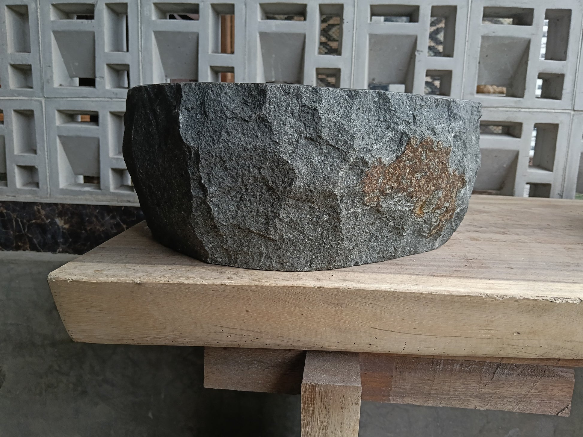 Left side of 6A20-4137 organic oval andesite stone sink
