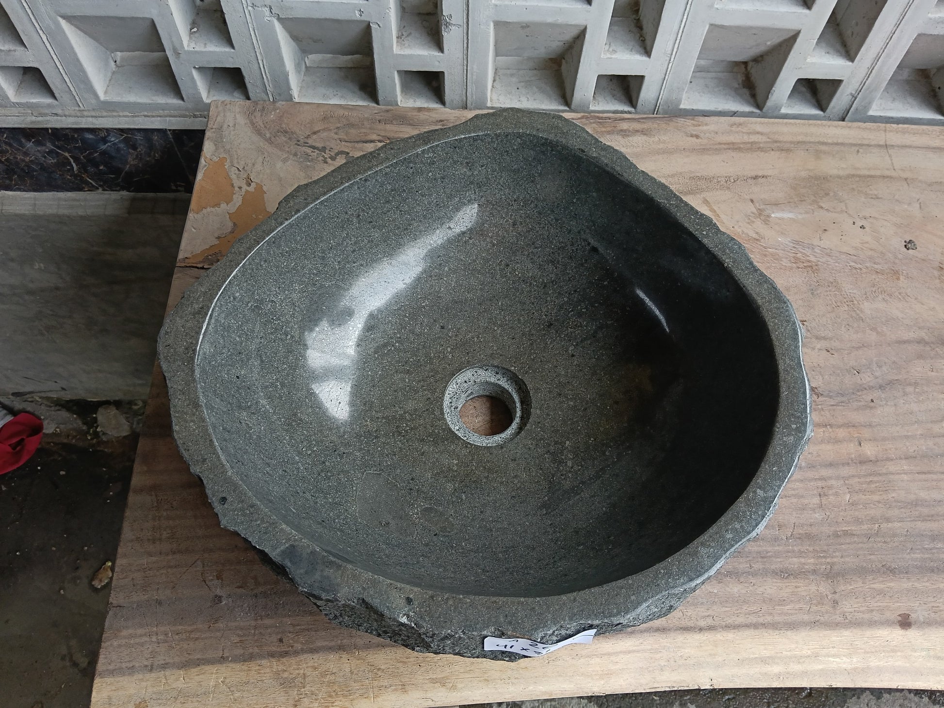 Top view of 6A20-4137 graphite andesite stone sink — handcrafted natural stone
