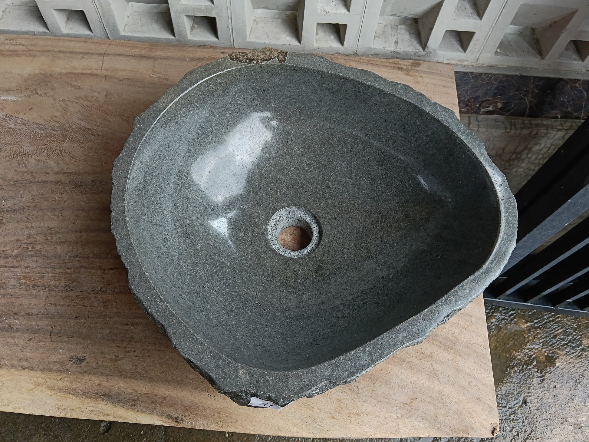 Top view of 6A11-4137 graphite andesite stone sink — handcrafted natural stone
