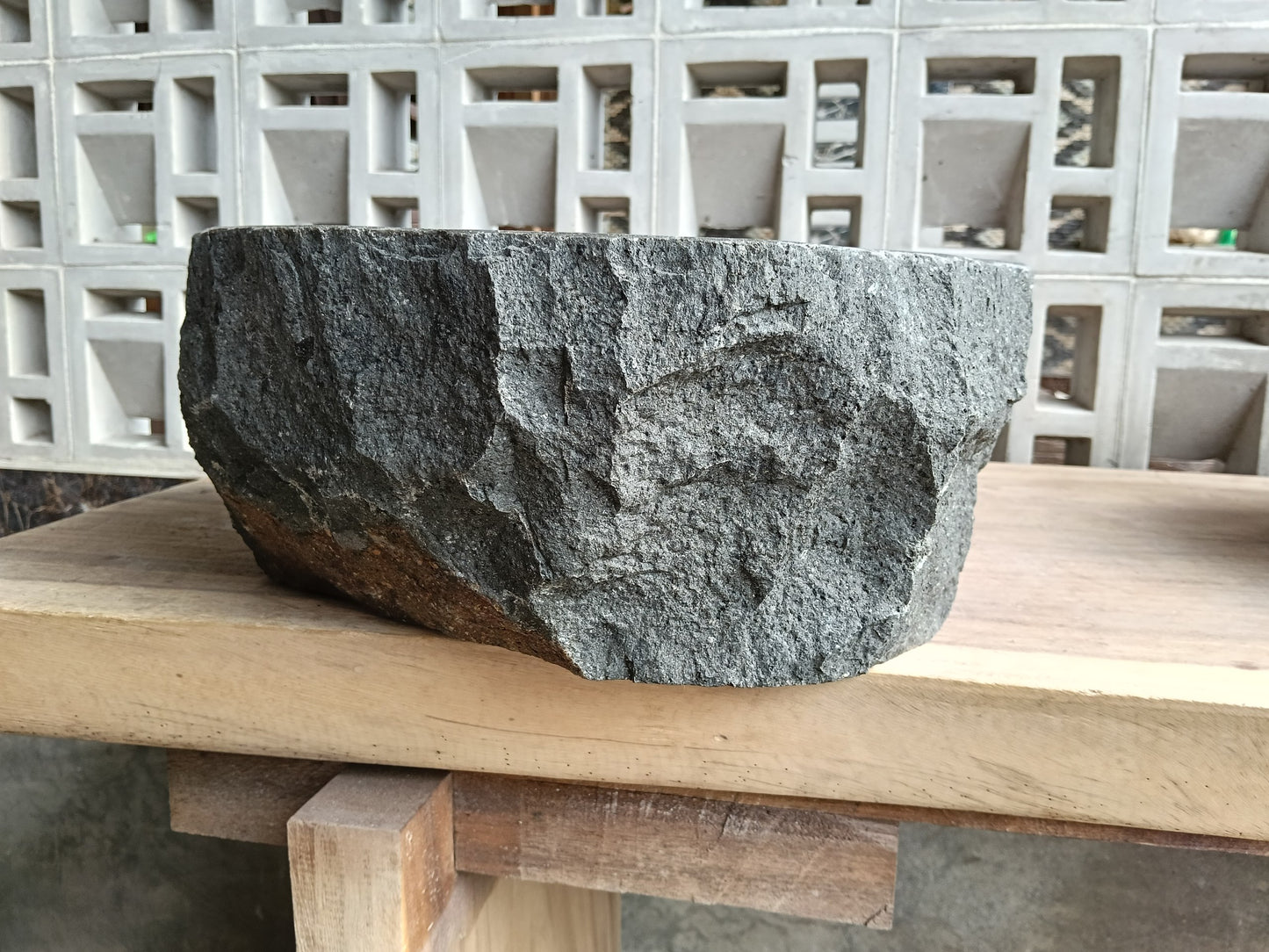 Right side of 6A5-4237 handcrafted andesite vessel — natural graphite texture
