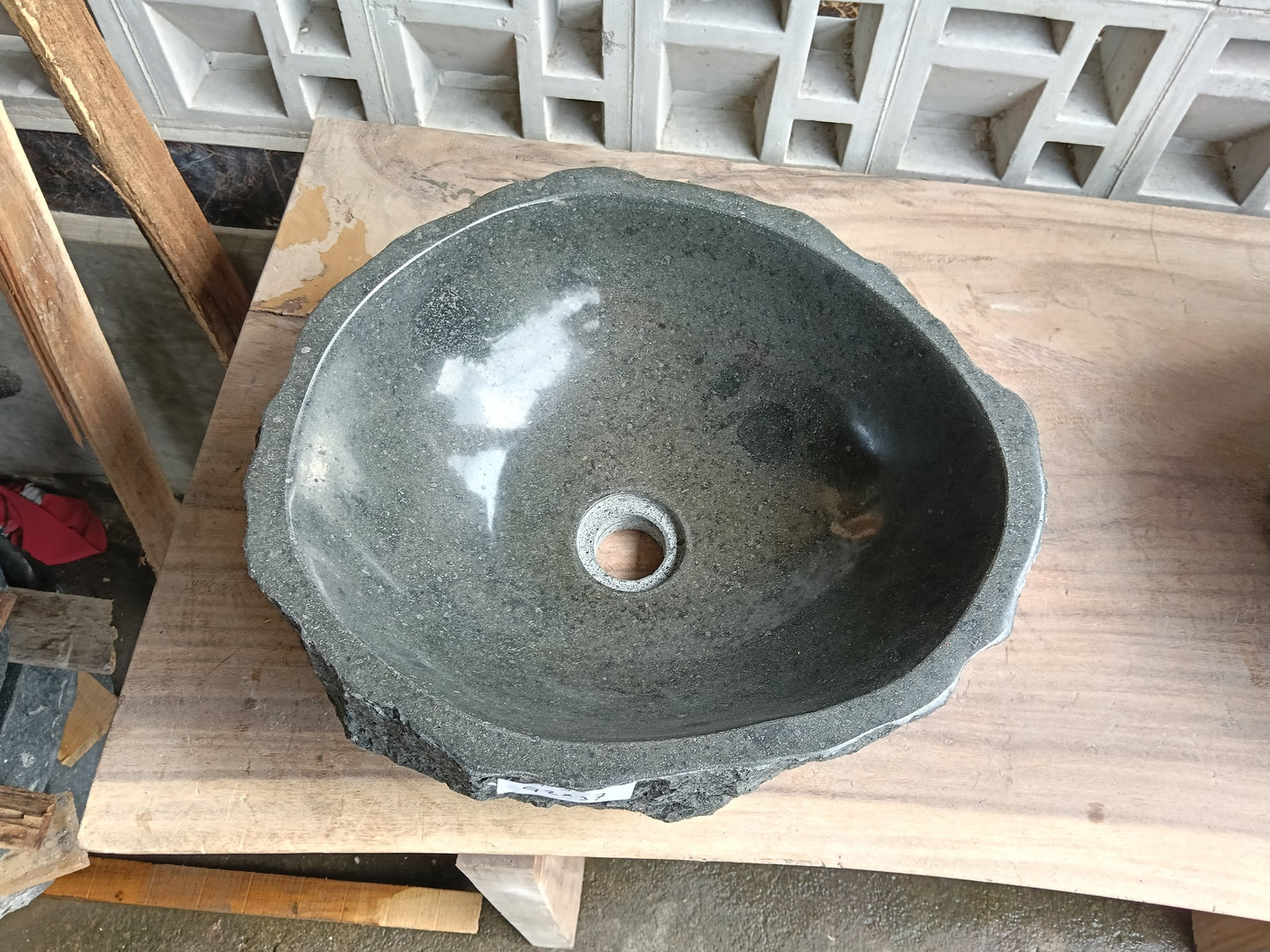 Top view of 6A5-4237 graphite andesite stone sink — handcrafted natural stone

