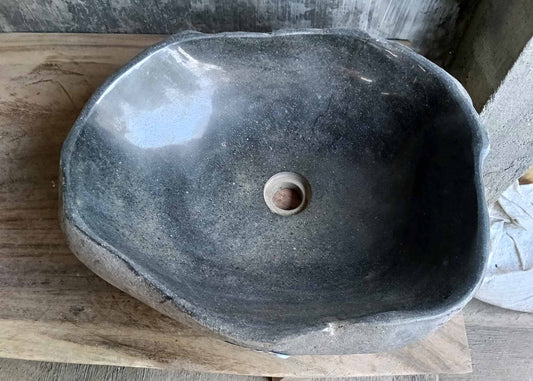 Top view of organic river stone sink with graphite gray polished bowl – 6553-4943
