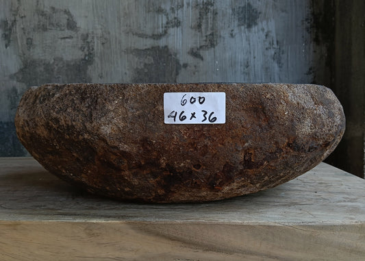 Front view of handcrafted dark brown oval river stone sink 6600-1824
