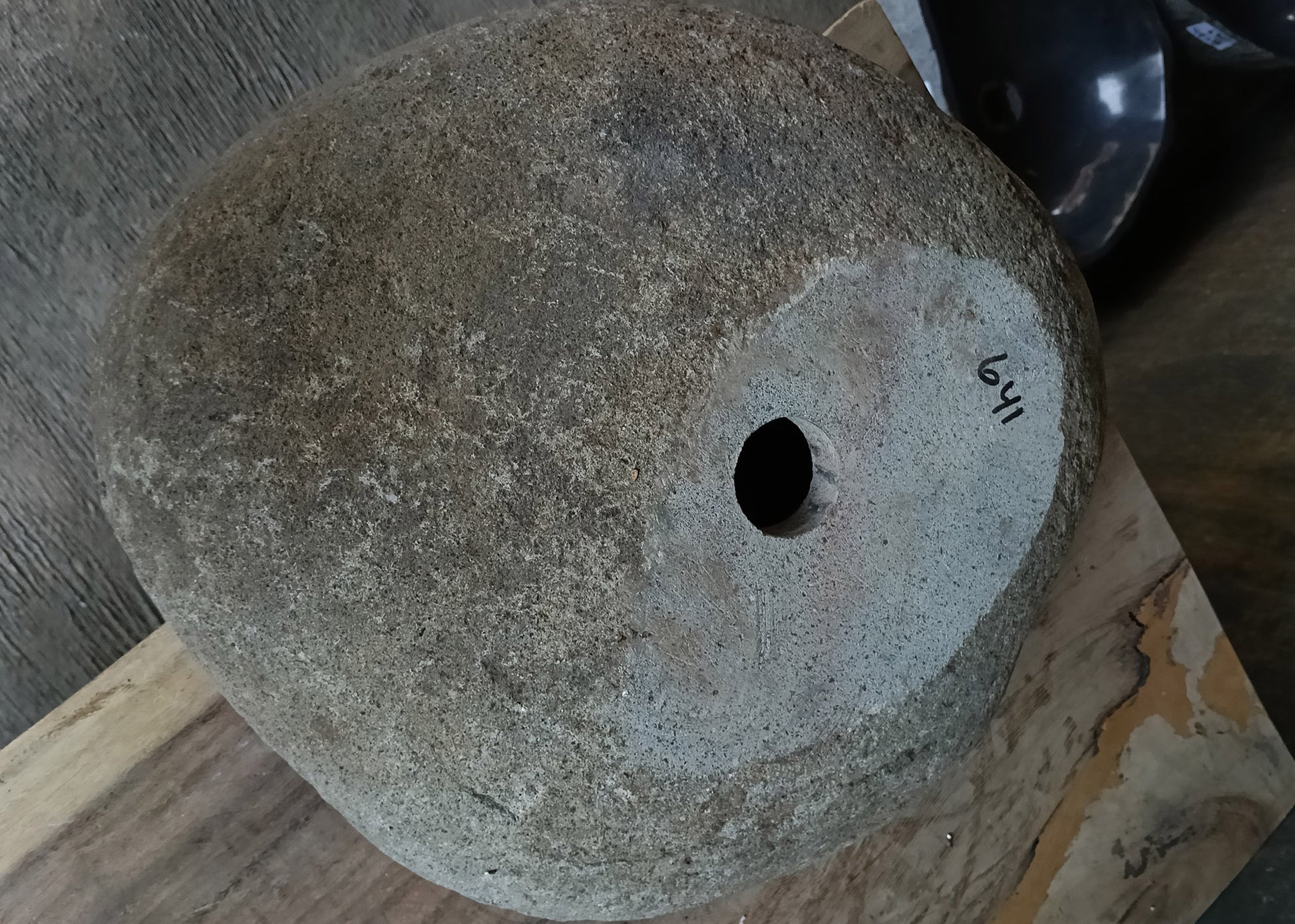 Bottom view of handcrafted oval light gray river stone sink 6641-4837

