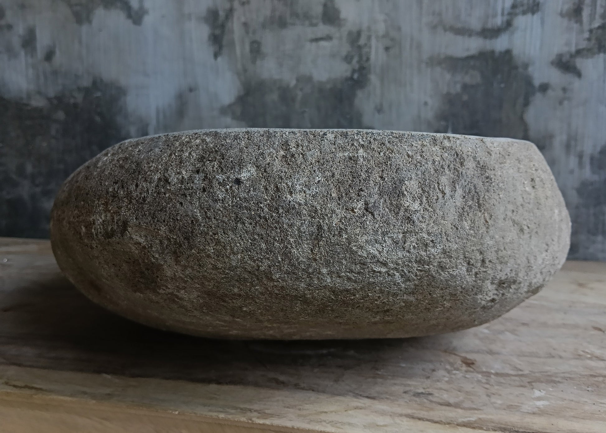 Right side view of oval light gray river stone vessel sink 6641-4837
