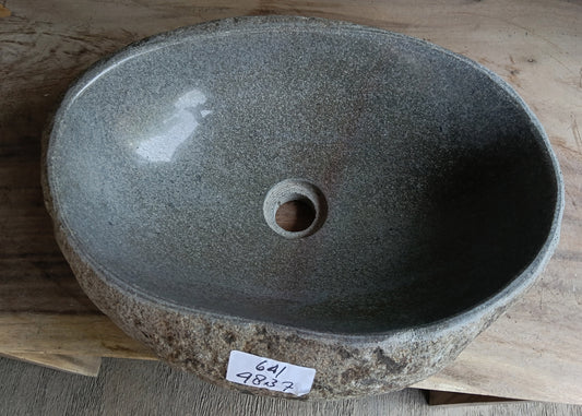 Top view of oval light gray river stone sink 6641-4837 with polished interior
