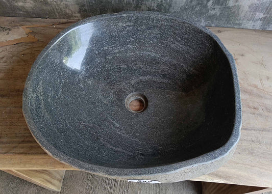 Top view of oval dark gray river stone sink 6648-5145 with polished interior
