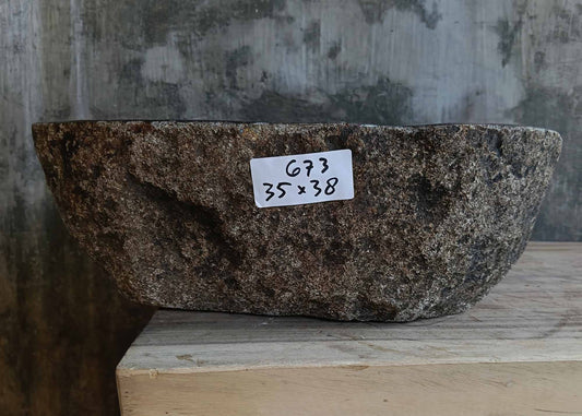 Front view of river stone sink 6673-1515 showing brown-gray textured exterior and rugged edges
