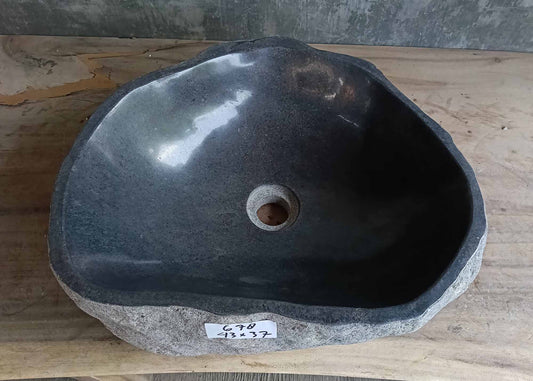 Top view of handcrafted dark gray river stone sink 6678-4337 with polished interior
