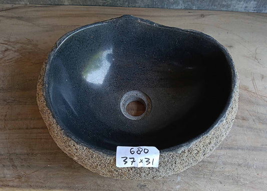 Top view of handcrafted light brown river stone sink 6680-3731 with polished interior
