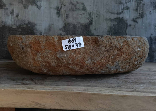 Front view of handcrafted brown-gray river stone sink 6681-5837 with natural rough exterior
