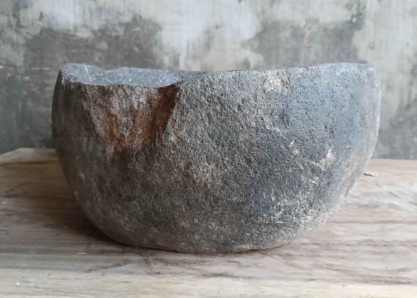 Back side view of 17×13 inch river stone sink with natural texture and handcrafted edges
