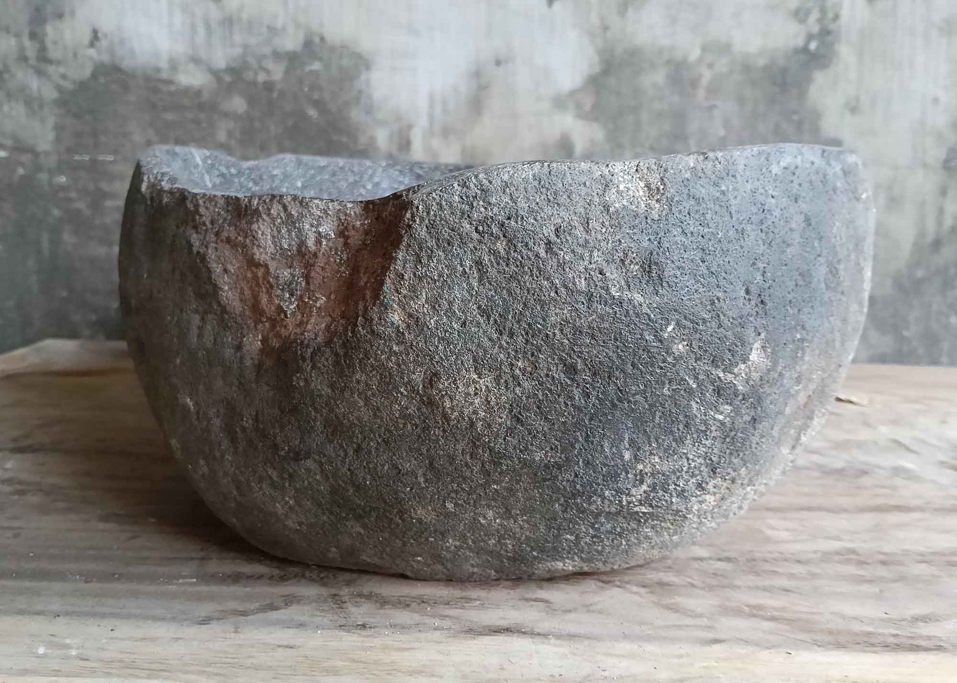 Back side view of 17×13 inch river stone sink with natural texture and handcrafted edges
