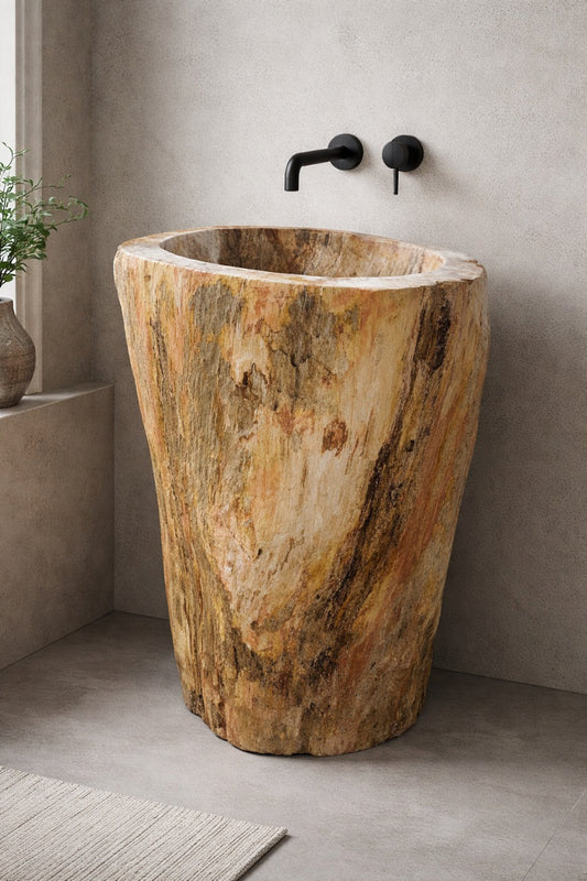 Solid petrified wood sink pedestal carved from a single fossilized tree, 28.7 x 22.8 x 33.9 inches