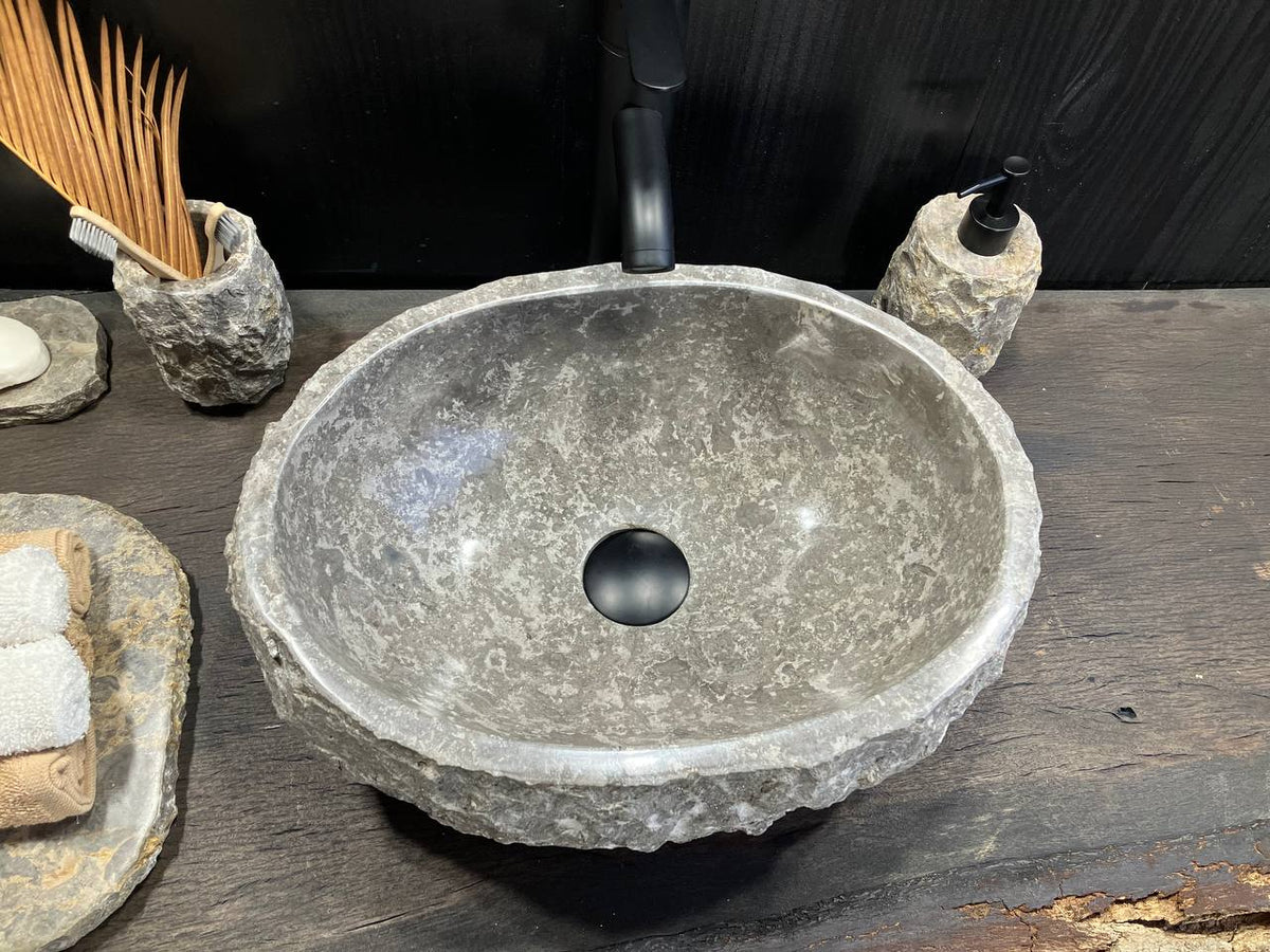 GMS-019 small oval gray marble vessel sink, 17 by 13 inches